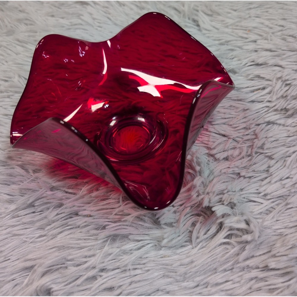 Ruby Red Blown Art Glass Ruffled Edge Centerpiece Bowl Candy Dish‎ Decor